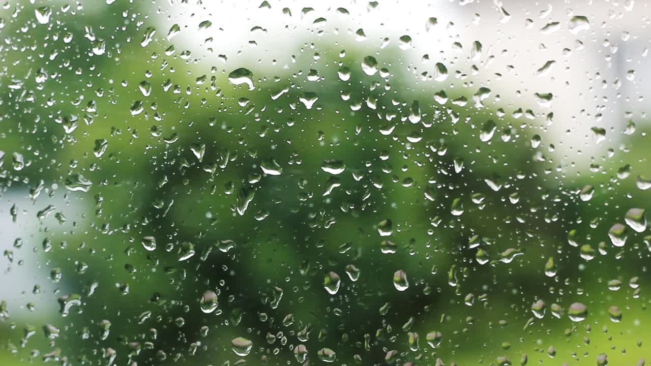 raindrops stick down a glass window in rainy weather in the spring season from blurred green terrain. large plan