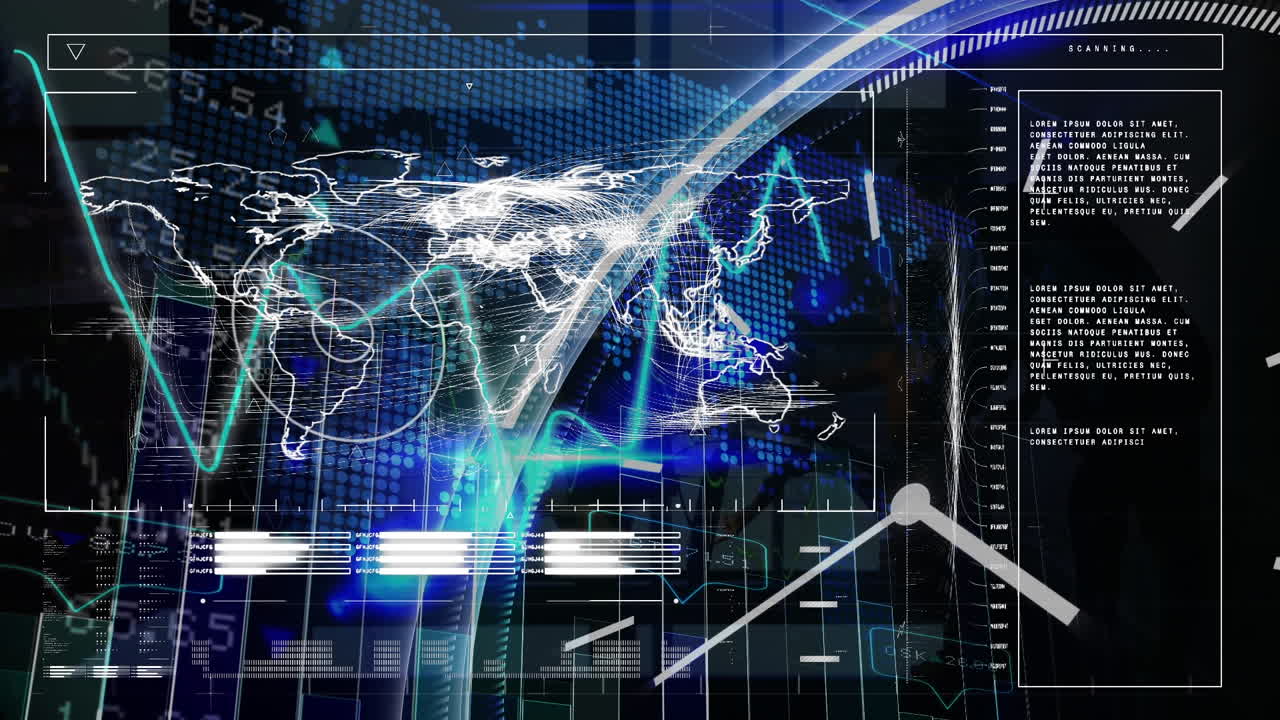 Animation of data processing and moving clock over world map on black background