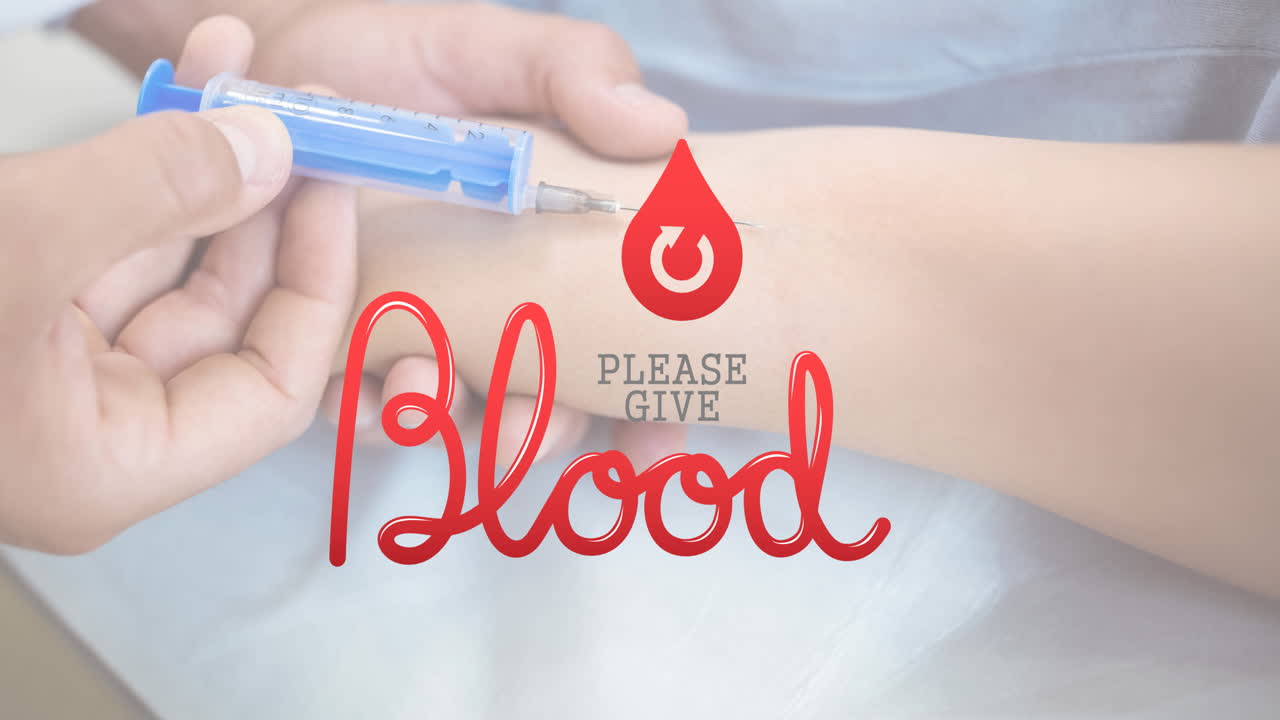Animation of please give blood text over doctor taking blood sample
