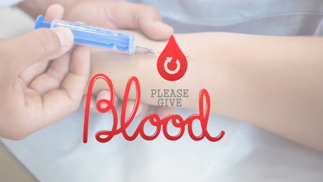 animation of please give blood text over doctor taking blood sample