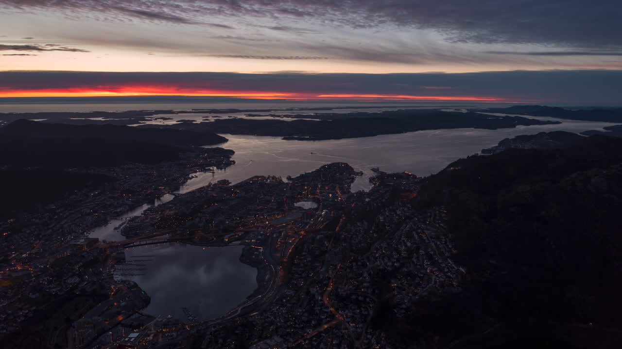 Aerial shot of the sunset seen from the summit of mount Ulriken in Bergen, Norway