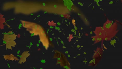 animation of autumn leaves floating against black background with copy space