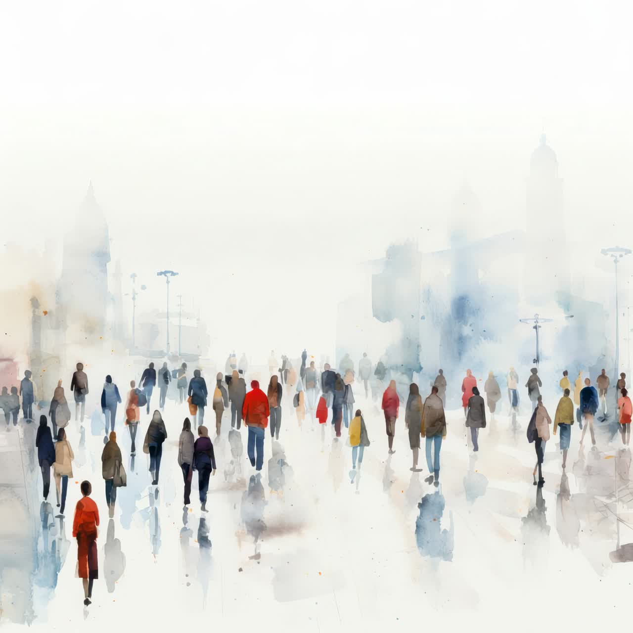 Aerial view of a watercolor cityscape with people walking, creating a dreamy, artistic video concept