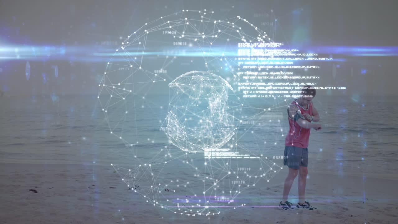 Animation of globe of connections over fit man running at beach