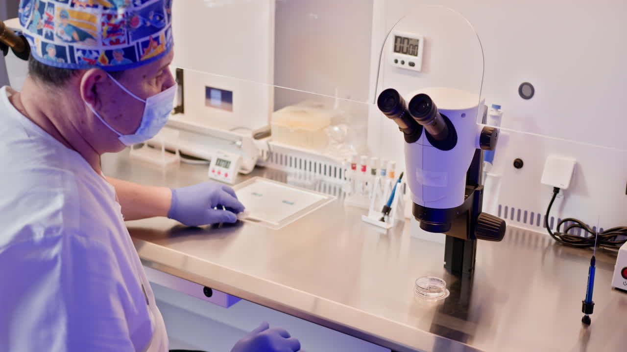 científico que trabaja con el microscopio en un laboratorio