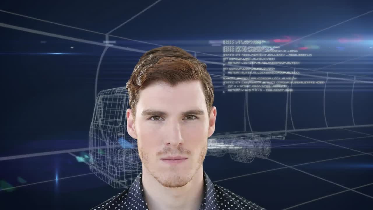 animación del hombre caucásico y procesamiento de datos sobre modelo de dibujo 3d de camión y cuadrícula