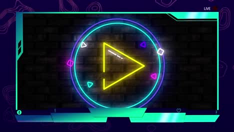 Digital-animation-of-digital-interface-over-neon-yellow-play-icon-against-brick-wall