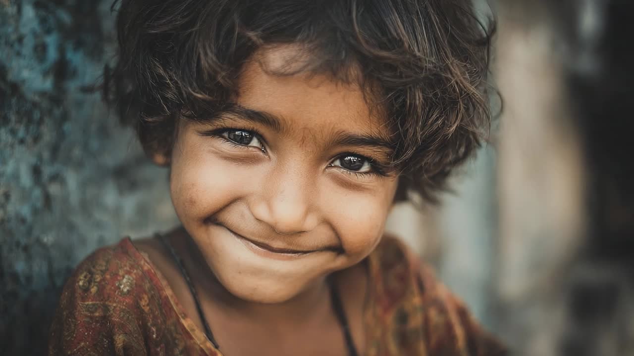Smiling child with curly hair in traditional clothing outdoors