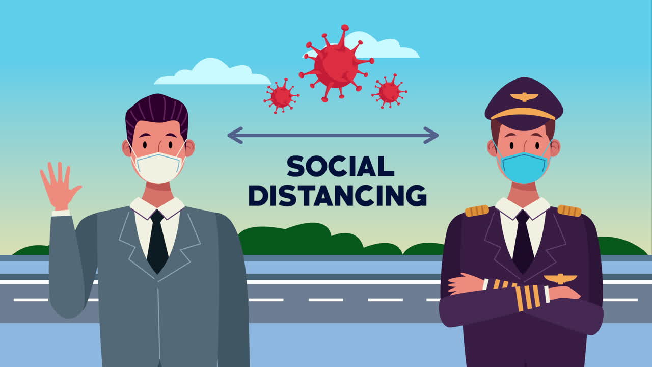 businessman and pilot with social distancing message campaign