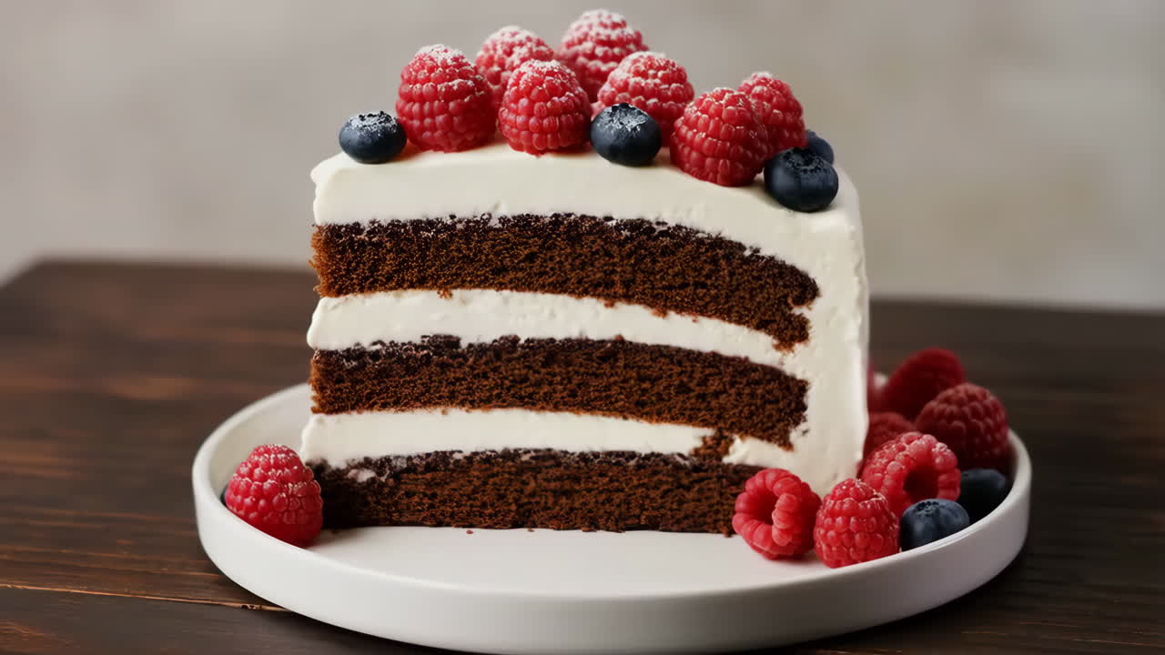 Delicious Slice of Chocolate Cake with Raspberries and Blueberries