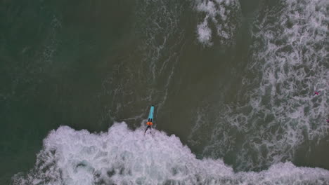 aerial view looking down following a water safety catching a wave back into shore during a nipper morning training session at mermaid beach gold coast qld australia