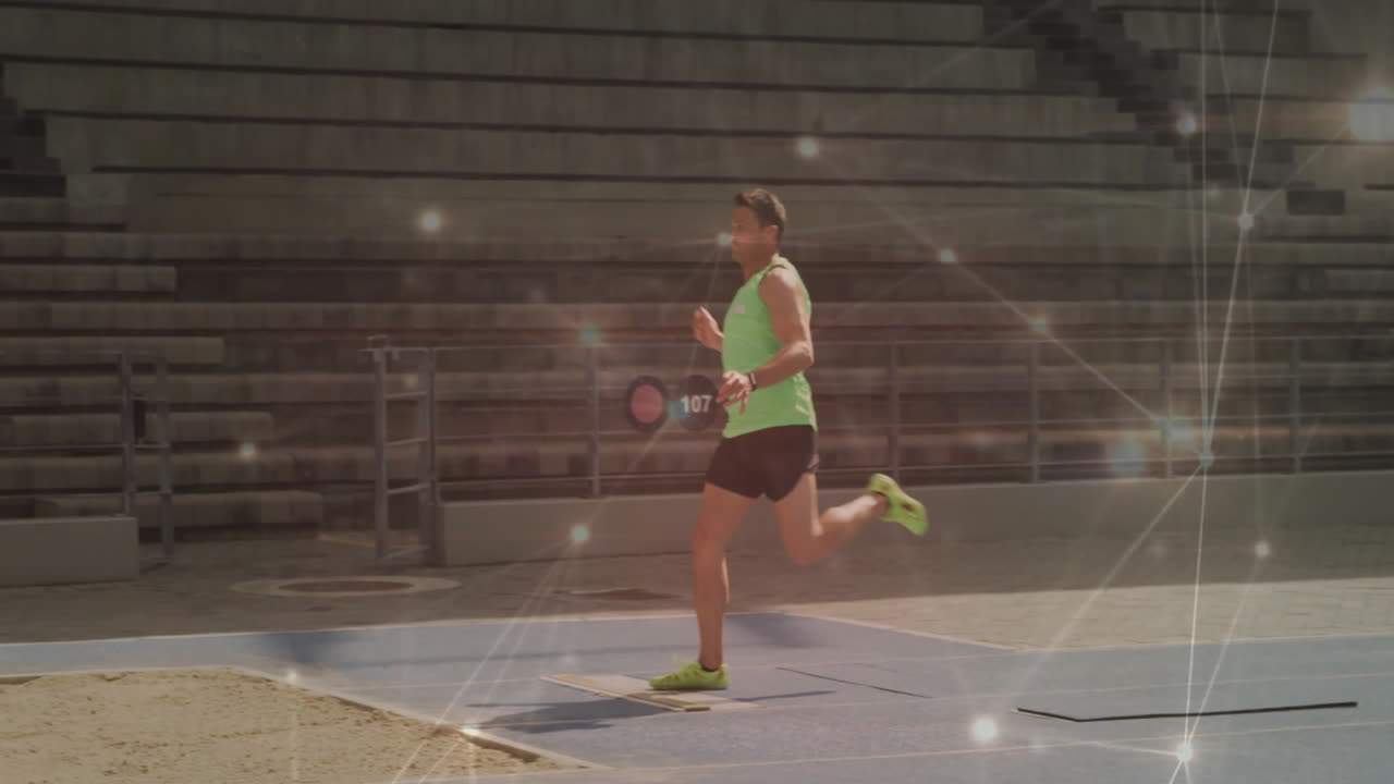 Running athlete on track with glowing network connections animation
