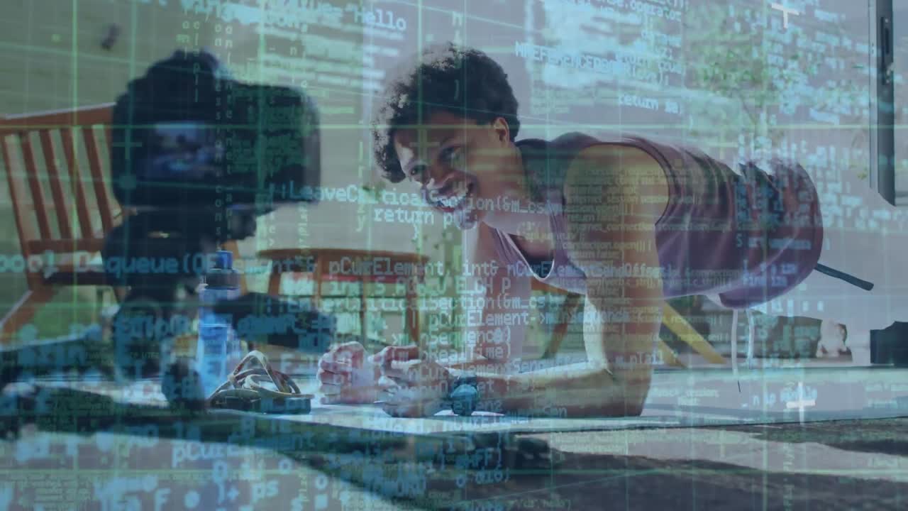 animación del procesamiento de datos sobre el hombre biracial ejercitando