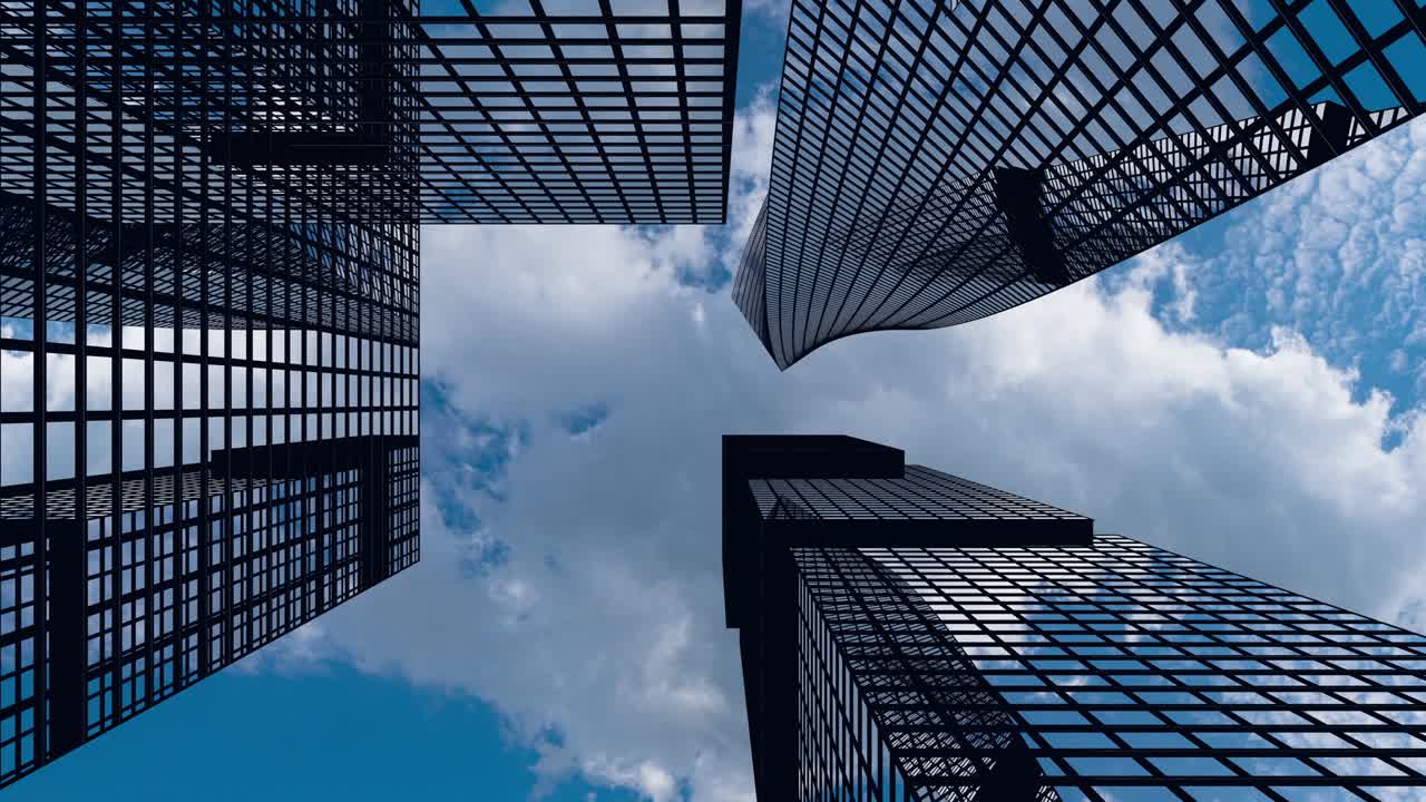avión vuela sobre edificios de oficinas contra una nube de lapso de tiempo, hermosa animación 3d 4k video bucle