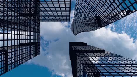 airplane flies over office buildings against a time-lapse clouds, beautiful 3d animation 4k video loop