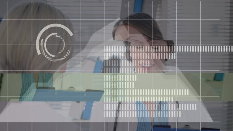 Animation of data processing over happy caucasian female doctor