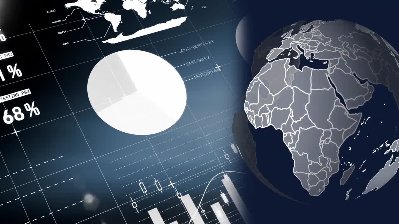 Animation of globe and financial data processing on blue background