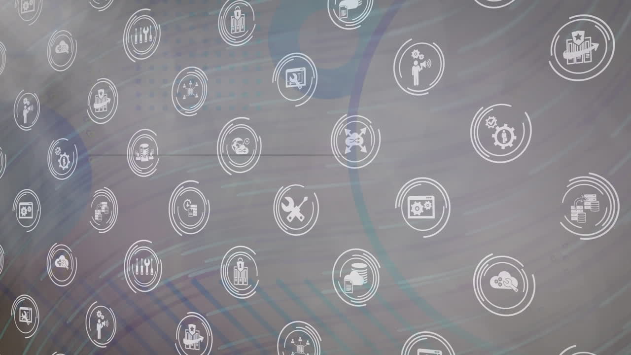 Animation of network of digital icons over grey background