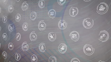 animación de una red de iconos digitales sobre un fondo gris