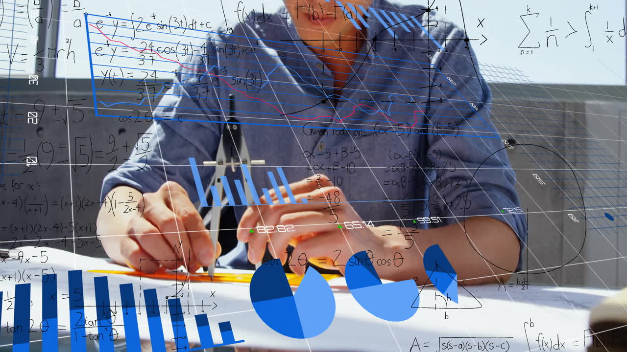 animación de ecuaciones matemáticas y procesamiento de datos financieros sobre arquitecto masculino asiático