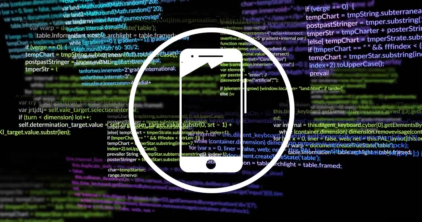 On load smartphone silhouette adding speaker slot and home button as code lines shifting for reveal