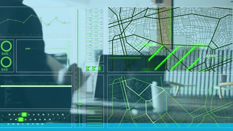 Animación-Del-Procesamiento-De-Datos-Sobre-La-Vista-Trasera-De-Un-Hombre-De-Negocios-Tomando-Notas-Tomando-Café-En-Una-Cafetería