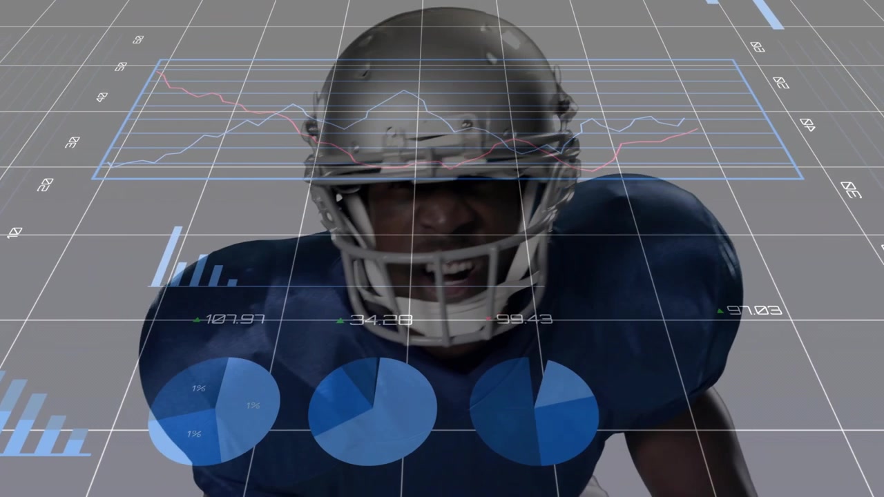 Jugador de fútbol masculino levantándose de una postura baja, impulsándose hacia adelante, extendiéndose, con un HUD deportivo mostrando métricas.