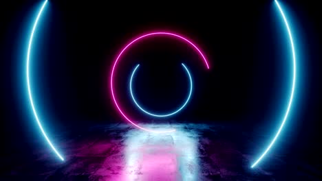 spiral neon glowing fluorescent retro sci fi futuristic purple blue laser circle rotating lights on dark grunge concrete reflective floor empty space fly camera dolly