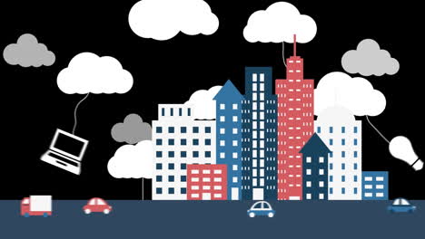 animación de nubes digitales e iconos sobre dibujo de paisaje urbano en 3d sobre fondo negro