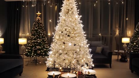 camera is panning around a modern living room decorated with two christmas trees, candles, lights and ornaments