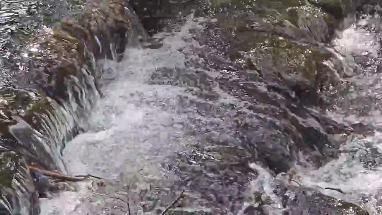 Acqua impetuosa che scorre sulle rocce in un torrente di montagna creando una piccola cascata
