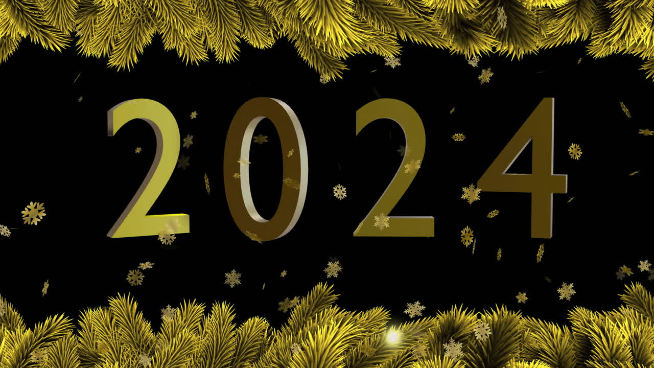 animación de texto de 2024 y ramas de abeto doradas en fondo negro