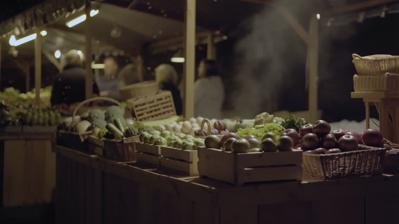 Night Market Stall with Fresh Produce and Shoppers