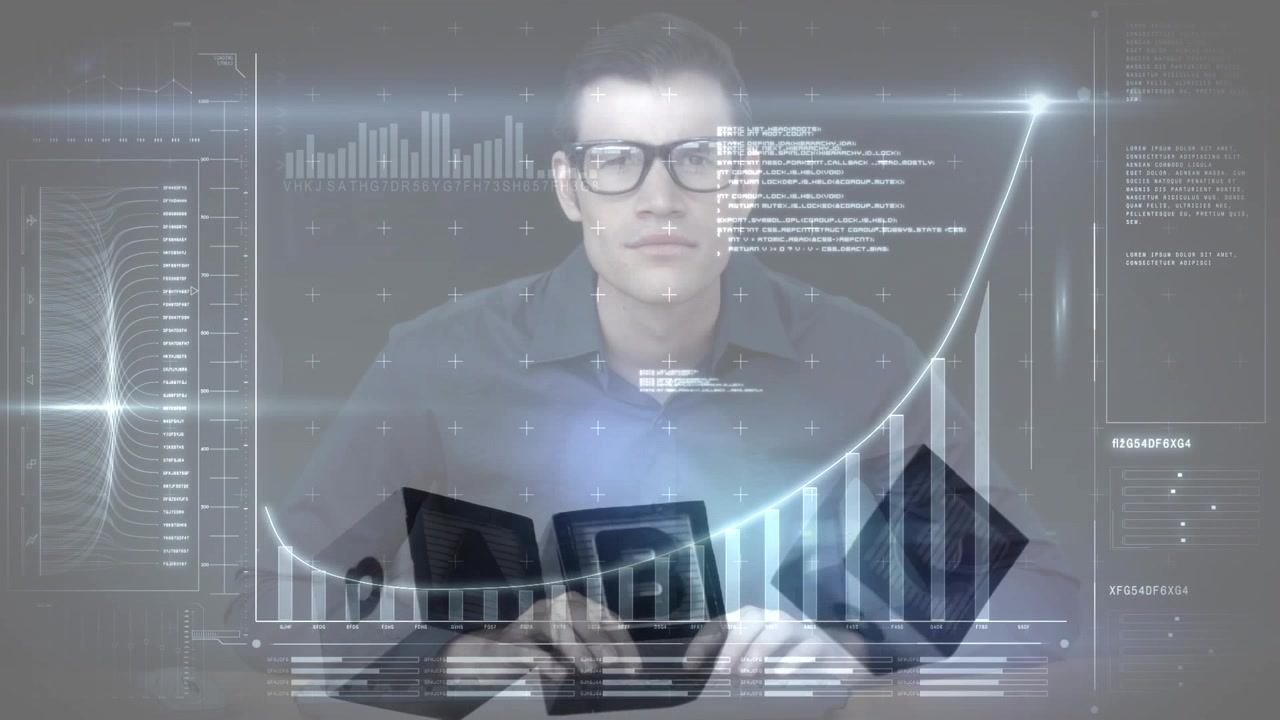 Animasjon av flere grafer, database, mann som skriver på tastatur, bokstaver i treklosser.