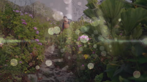 male hiker walking along uneven stone path for health campaign, with animated bokeh highlights