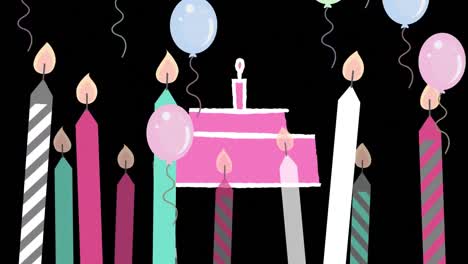 Animation-of-balloons-and-cake-on-black-background