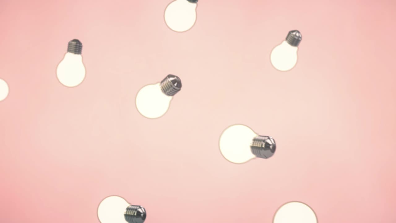 3d animation: Abstract looped background with lots of flying and rotating electric light bulbs on pink-peach. It symbolizes creativity and creative thinking with an abundance of ideas.