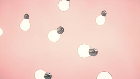 3d 애니메이션: 핑크 피치에 많은 날아다니고 회전하는 전기 전구와 함께 추상적인 루프 배경, 그것은 아이디어의 풍부함으로 창의성과 창의적인 사고를 상징합니다.