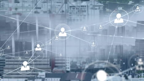 animation of network of connections with icons over cityscape