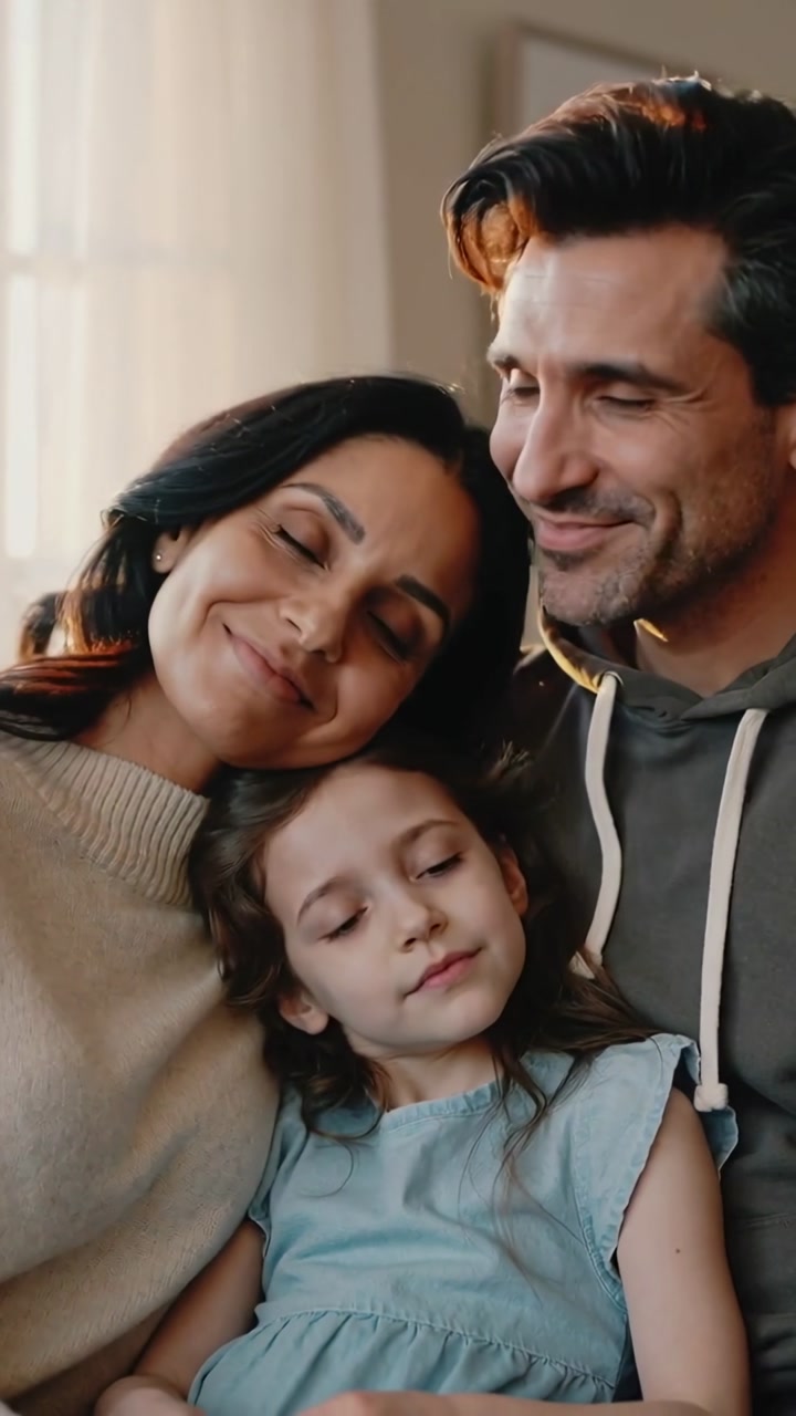 Vertical video: Soft light drawing couple hugging child for rest on couch, knit sweater, blue dress