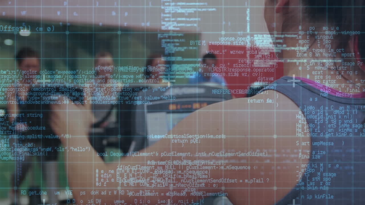 Animation of data processing with people exercising over grid