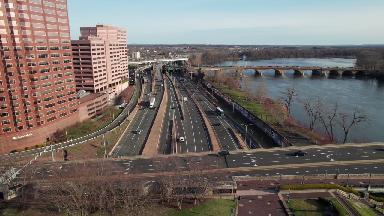 Traffic on Interstate 91 in downtown Hartford Connecticut, 4K aerial