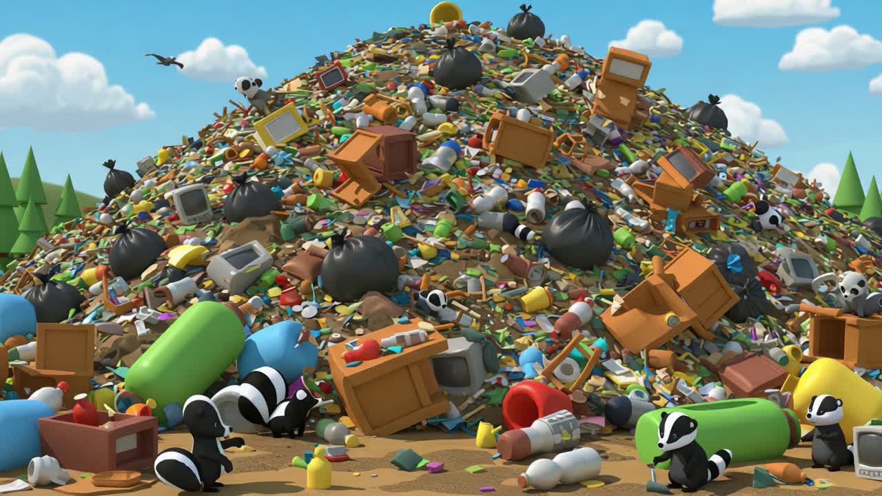 A Vibrant Animation Showcase of Raccoons Exploring a Colorful Trash Mountain Filled with Various Items, Bags, and Toys Under a Bright Blue Sky