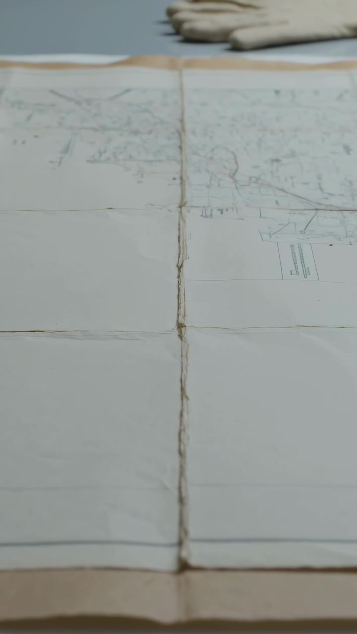 Vertical video: Zooming camera showing stitched map seam on gray bench with gloves for repair