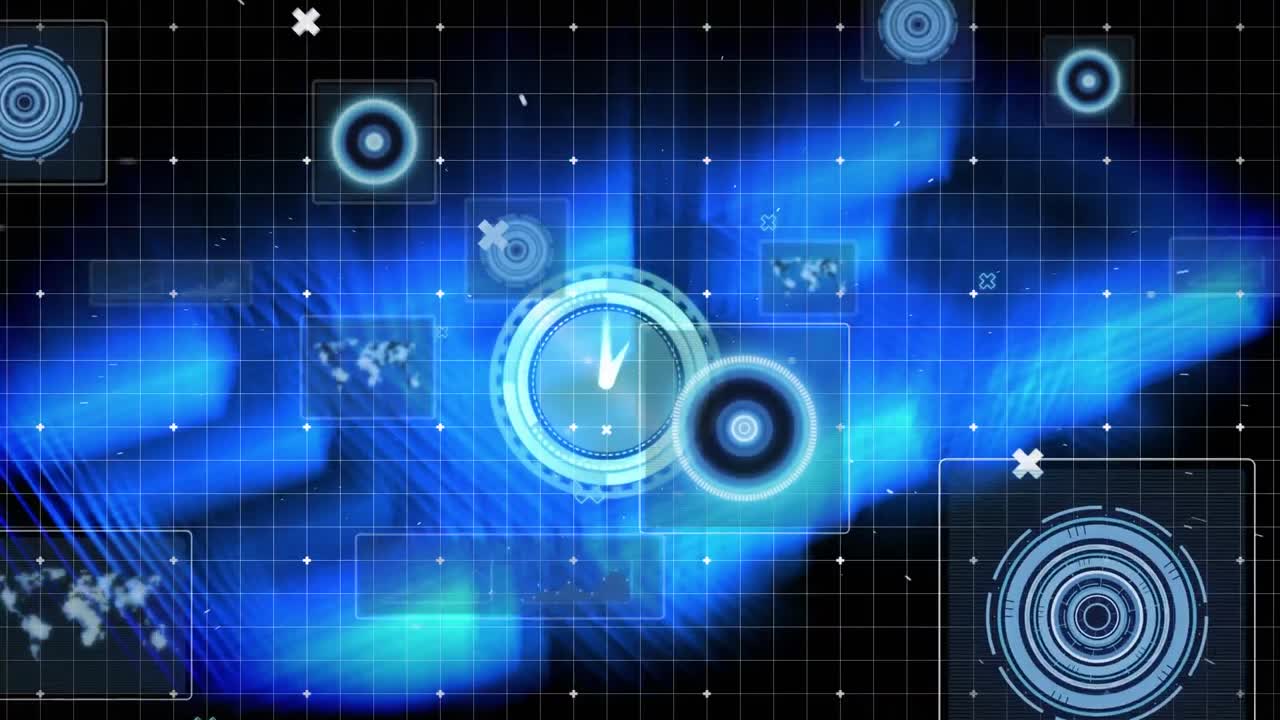 어두운 배경의 화면에서 시계, 스 ⁇  스캐닝 및 데이터 처리의 애니메이션