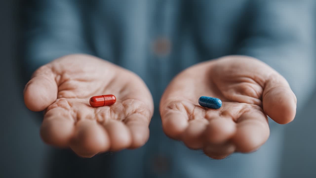 Una scelta che fa riflettere: Le pillole rossa e blu che simboleggiano opzioni contrastanti in un momento decisionale accattivante.