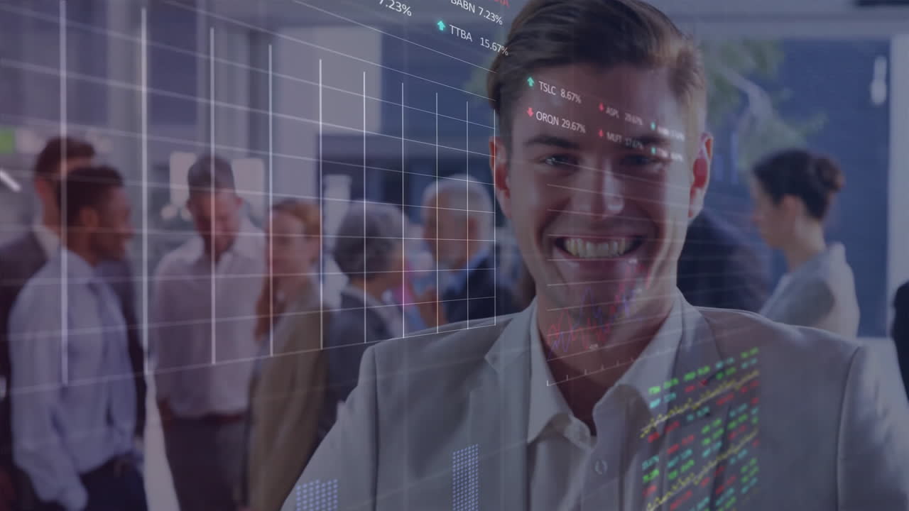 Smiling man in office with stock market data animation overlay