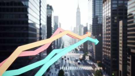 colorful infographics depict rising trends against a backdrop of a bustling city skyline at sunrise.