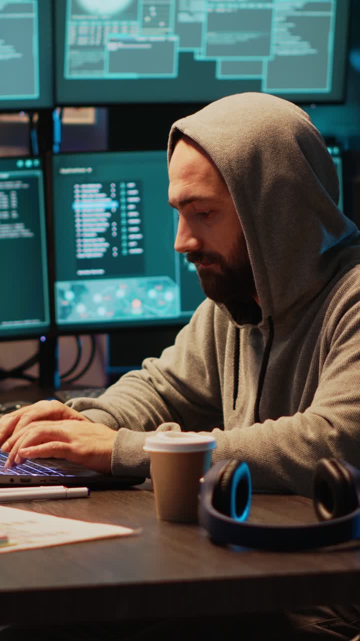 Vertical video: Hacking thief breaking through cyber security system