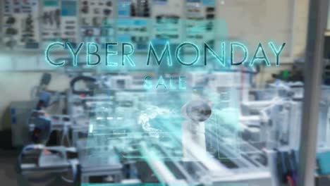 Neon-blue-cyber-monday-sale-text-banner-against-screens-with-data-processing-against-factory
